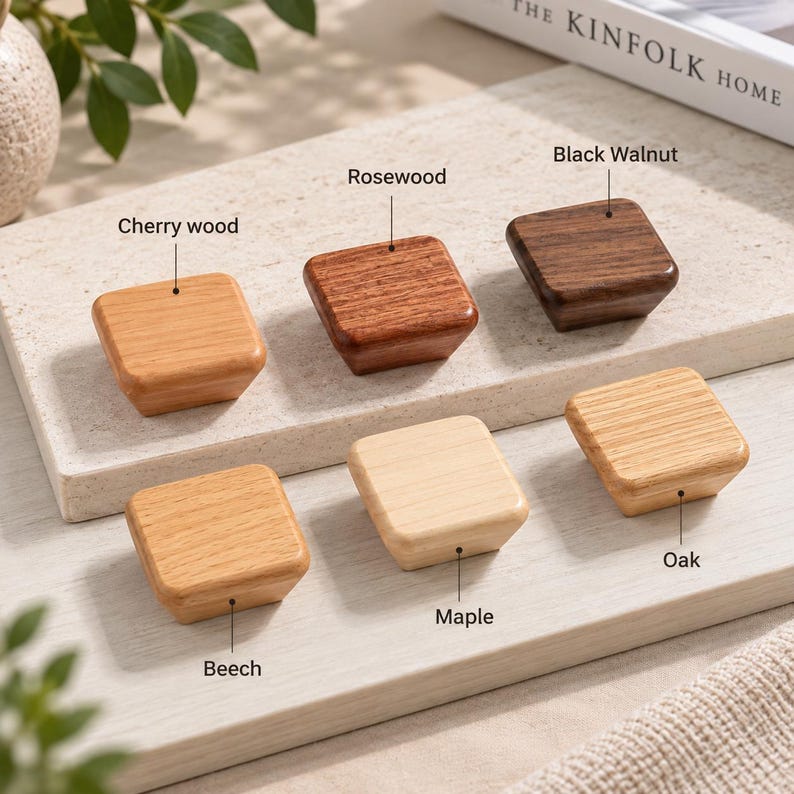 May include: Six square wooden cabinet knobs in various wood types, labeled as Cherry wood, Rosewood, Black Walnut, Beech, Maple, and Oak. Each knob features a smooth, tapered design with distinct natural wood grain patterns and color variations.