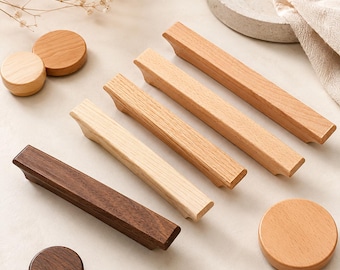 Solid Wood Cabinet Handles, Oak Walnut Drawer Pulls, Round Knobs, Minimalist Style, Personalized Name Customization