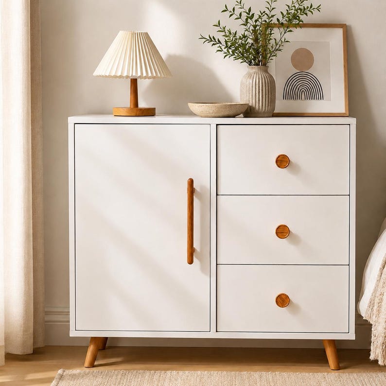 Puede incluir: Un mueble de almacenamiento blanco con una puerta y tres cajones, con tiradores de madera clara y patas c&oacute;nicas. El mueble est&aacute; decorado con una l&aacute;mpara plisada, un cuenco peque&ntilde;o, un jarr&oacute;n texturizado con vegetaci&oacute;n y un cuadro abstracto.