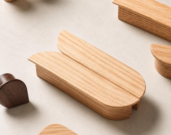 Solid Wood Leaf Cabinet Handles, Oak Ash Walnut Drawer Pulls, Minimalist Hardware, Personalized Name Customization