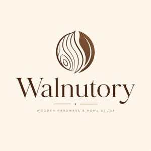 May include: A brown logo on a cream background featuring a circular icon with wood grain patterns. The text reads Walnutory in a large serif font, with the smaller text Wooden Hardware & Home Decor positioned below a horizontal line and a central dot.