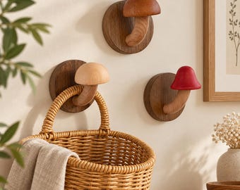 Mushroom Wall Hook, Solid Wood, No-Drill Adhesive, Cottagecore Decor