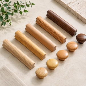 Solid Wood Cabinet Handles, Minimalist Wooden Drawer Pulls, Natural Oak Walnut Beech Ash