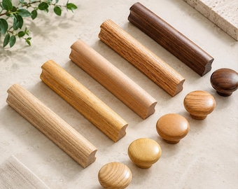 Wooden Cabinet Handles, Minimalist Oak Walnut Beech Ash Drawer Pulls (Customizable Name)
