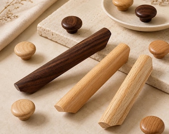 Solid Wood Cabinet Handles and Knobs, Wooden Drawer Pulls, Minimalist Dresser Pulls