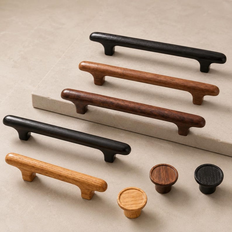 Puede incluir: Una colecci&oacute;n de herrajes de madera para muebles que incluye cuatro tiradores alargados y tres pomos circulares. Los art&iacute;culos presentan varios acabados de veta de madera en tonos roble claro, nogal medio y negro con bordes redondeados.