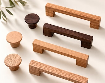 Solid Wood Cabinet Pulls, Square Drawer Handles, Oak Beech Walnut, Minimalist Hardware Customizable Name