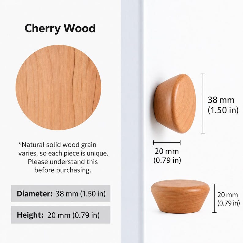 May include: A round cherry wood knob with a visible grain pattern. The knob has a diameter of 1.50 inches and a height of 0.79 inches. Text on the image includes Cherry Wood, Natural solid wood grain varies, Diameter: 1.50 in, and Height: 0.79 in.