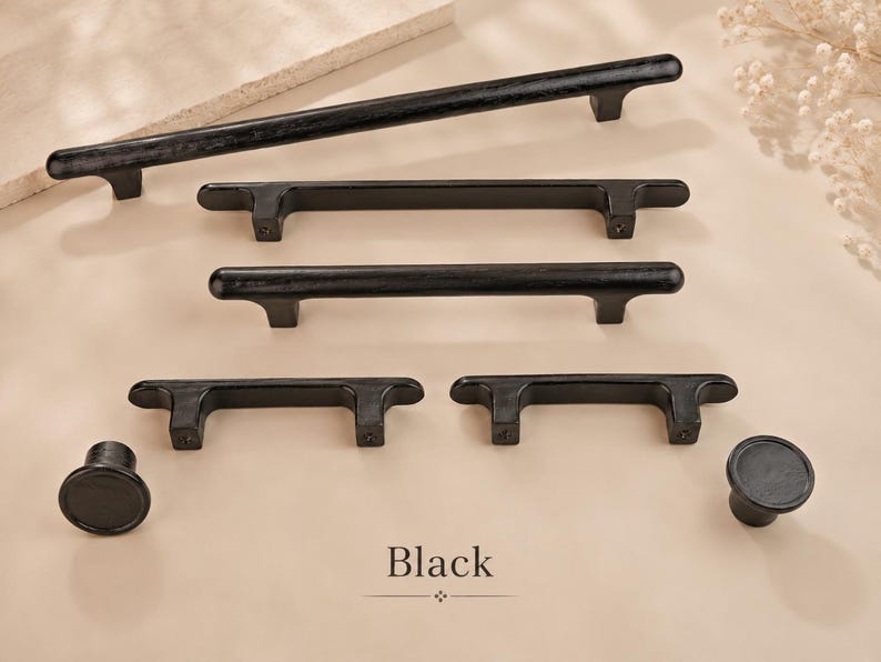 Tiradores y pomos de madera maciza para armarios, tiradores minimalistas para cajones, herrajes de roble y nogal. Black