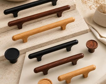 Solid Wood Cabinet Pulls and Knobs, Minimalist Drawer Handles, Oak Walnut Hardware