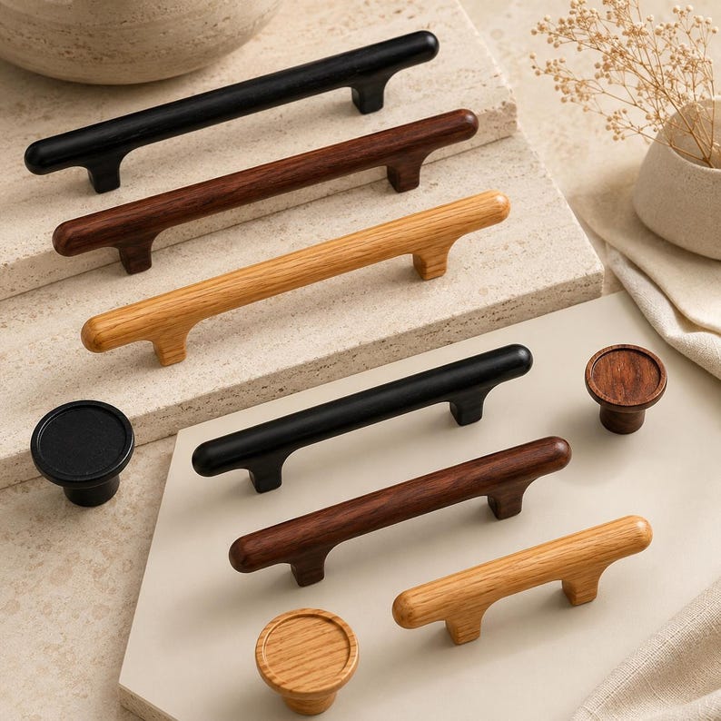 Puede incluir: Una colecci&oacute;n de herrajes para muebles que incluye seis tiradores de barra alargados y tres pomos circulares. Los art&iacute;culos est&aacute;n fabricados en madera con tres acabados distintos: negro mate, marr&oacute;n oscuro y un tono de madera natural claro.