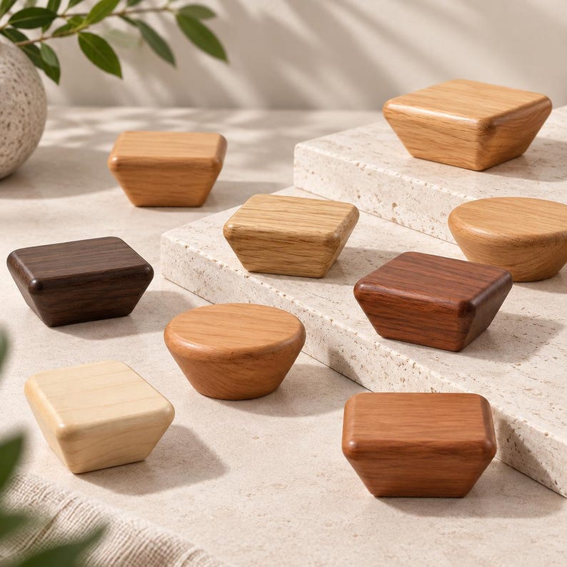 May include: A collection of wooden cabinet knobs in various shapes and wood tones. The set includes square and round knobs featuring light, medium, and dark brown wood grains with smooth, tapered edges and polished surfaces for furniture hardware.