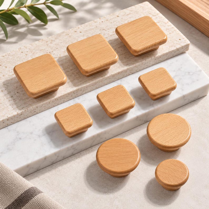 May include: A collection of light-colored wooden cabinet knobs in various shapes, including square and circular designs. The set features smooth, natural wood grain textures with rounded edges, arranged on a multi-textured stone surface.