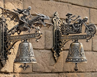 Gothic Skeleton Dragon Rider Wall Bell with "This Is My Happy Place" Sign Vintage Metal Door Decor for Man Cave or Garage
