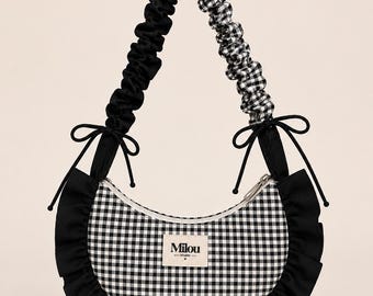 Zwart-wit geruite tas met ruches | Mini handgemaakte schoudertas | Coquette portemonnee | Cottagecore handtas | Schattige mini tas | Gemaakt in Portugal
