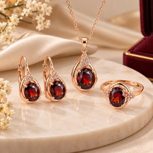 Puede incluir: Un conjunto de joyería en oro rosa que incluye un collar con colgante en forma de lágrima, un par de pendientes con cierre de palanca y un anillo. Cada pieza contiene una gran piedra granate roja de corte ovalado con pequeñas piedras blancas.