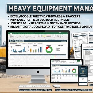 Heavy Equipment Maintenance Logbook PDF, Construction Fleet Management Excel Template, Contractor Daily Report Bundle, Google Sheets Tracker