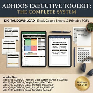 Peut inclure: Le kit ADHDOS Executive Toolkit: The Complete System est un téléchargement numérique comprenant des fichiers Excel, Google Sheets et des PDF imprimables. Il inclut un Daily Command Center, Weekly CEO Review, Daily Focus Planner et un tracker 30-Day Momentum.