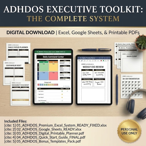 ADhd OS Executive Toolkit Microsoft Excel System, Digital Life Planner Google Sheets compatible, ADHD Task Workspace Business KPI Dashboard