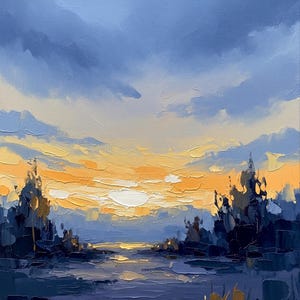 Può includere: Un dipinto a olio su tela che raffigura un tramonto sopra uno specchio d'acqua. Il cielo presenta pennellate spesse e materiche in tonalità blu profondo, lavanda tenue e giallo brillante. Sagome scure e astratte di alberi incorniciano l'orizzonte.