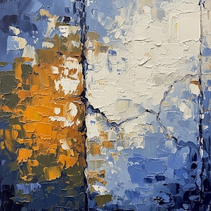 Può includere: Un dipinto a olio su tela caratterizzato da una spessa texture a impasto. La composizione presenta una divisione verticale con una sezione blu profondo e arancione brillante a sinistra e un'ampia superficie murale bianca e azzurra crepata.