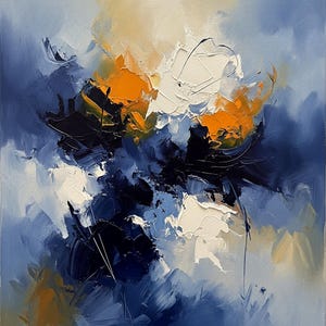 Puede incluir: Una pintura al óleo abstracta sobre lienzo que presenta pinceladas gruesas y texturizadas de impasto en tonos azul marino profundo, naranja brillante y blanco crema. La composición muestra una aplicación dinámica de pintura.