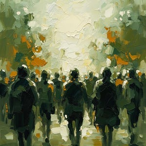 Può includere: Un dipinto a olio che raffigura una folla di figure che camminano lontano dall'osservatore verso un orizzonte luminoso. La composizione utilizza pennellate spesse e materiche in tonalità verde oliva, grigio antracite e accenti arancioni.