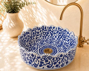 Lavabo in ceramica marocchina blu e bianca – Lavabo con decorazioni floreali dipinte a mano, lavabo artigianale per il bagno