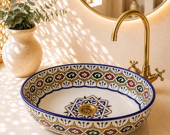 Lavabo ovalado de cerámica colorido hecho a mano – Lavabo decorativo para baño