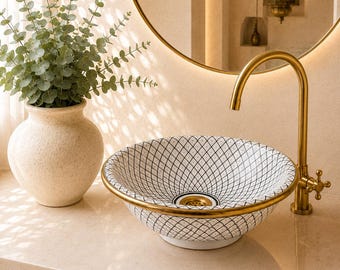 Handcrafted Gold & Glazed Ceramic Vessel Sink – White Geometric Bathroom Vanity Basin