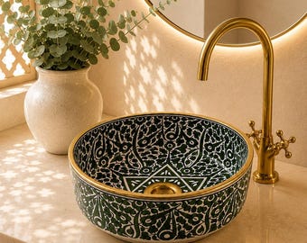 Custom Luxury Vessel Sink – Handcrafted White & Light Green Ceramic with  Gold Rim