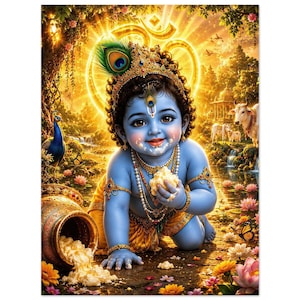 May include: A blue-skinned child deity with dark curly hair adorned with a peacock feather, wearing gold jewellery and yellow garments, crawls on the ground holding a handful of white butter near an overturned clay pot in a lush forest.
