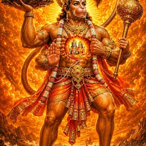 Pode incluir: Uma divindade musculosa de pele dourada com rosto de macaco, usando joias ornamentadas e um dhoti vermelho. Uma mão segura uma montanha, a outra uma maça dourada. Uma cavidade torácica brilhante revela Rama e Sita num fundo laranja ardente.