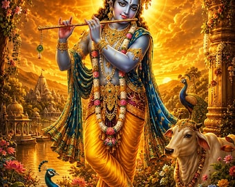 Arte sacra del Signore Krishna – Suonatore di flauto divino cosmico, decorazione per yoga e meditazione (download digitale)