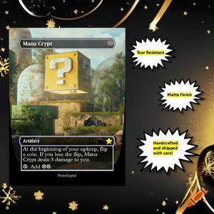 May include: A Mana Crypt game card featuring a yellow question mark block floating above a green pipe in a grassy landscape. The card text reads: At the beginning of your upkeep, flip a coin. If you lose the flip, Mana Crypt deals 3 damage to you.