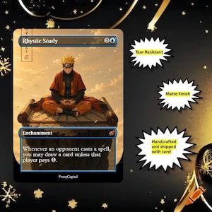 May include: A rectangular trading card titled Rhystic Study featuring an illustration of a character in orange and black clothing meditating on a scroll. The card text reads: Whenever an opponent casts a spell, you may draw a card unless that player pays 1.