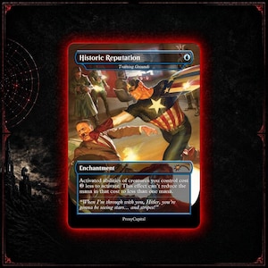 May include: A rectangular trading card titled Historic Reputation featuring an illustration of a superhero in a star-spangled costume punching a man in a suit. The card includes blue text boxes with game rules and the quote, When I'm through with you, Hitler, you're gonna be seeing stars... and stripes!