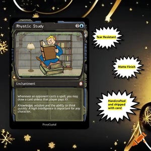 May include: A rectangular trading card titled Rhystic Study featuring a cartoon character reading a book while sitting on a stack of books. The card includes game text, a mana cost of 2 and one blue symbol, and labels stating Tear Resistant, Matte Finish.