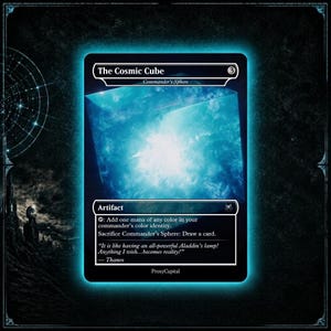 May include: A rectangular trading card titled The Cosmic Cube, featuring a glowing blue cube illustration. The card text includes Artifact, mana ability details, and a quote by Thanos. The card has a black border and a blue light effect.