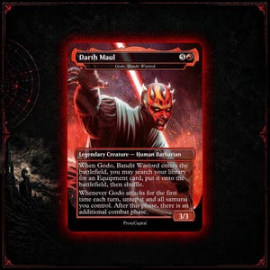 May include: A collectible trading card featuring a red and black illustration of a horned character with a lightsaber. The card text includes Darth Maul, Godo, Bandit Warlord, Legendary Creature, Human Barbarian, and game rules in a red-bordered frame.