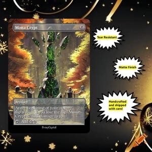 May include: A Mana Crypt trading card featuring a central green glowing stone monolith surrounded by floating rock fragments in an autumn forest. The card text includes the name, cost 0, artifact type, and rules text. Three starburst labels read Tear Resistant, Matte Finish, and Handcrafted and shipped with care.