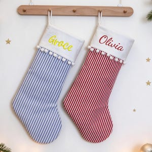 Personalized Christmas Stocking, Vintage-Inspired Striped Cotton Stocking, Embroidered Holiday Stocking, Custom Christmas Decor