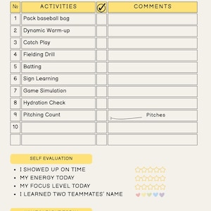 May include: A beige practice log template with black text, featuring a header for date and time, a numbered list of ten baseball activities, a checkmark column, and a comments section. Includes a self-evaluation area with star ratings and a text box.