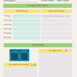 May include: A baseball game log template featuring sections for date, time, opponent, and weather icons. It includes a goal section, a table for innings with position and pre-pitch plans, a scoreboard graphic, and areas for game highlights and adjustments.