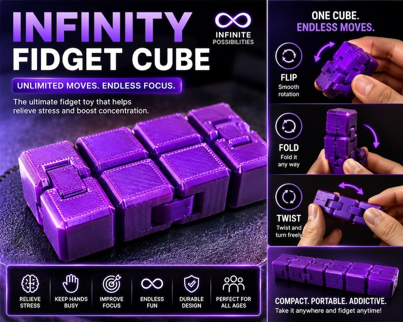 May include: A purple infinity fidget cube featuring multiple connected segments that allow for flipping, folding, and twisting motions. The product is displayed with text overlays including INFINITY FIDGET CUBE, ONE CUBE. ENDLESS MOVES, and various icons illustrating its functional capabilities for movement and focus.