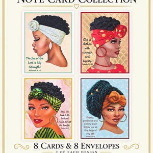 May include: A Diva Note Card Collection set featuring 8 cards and 8 envelopes with four distinct illustrations of individuals wearing headwraps and jewelry, each accompanied by inspirational scripture text and the Irene Elizabeth Creations logo.