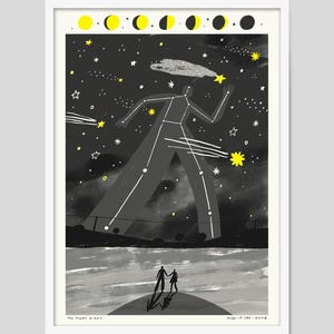 May include: A black and white illustration of a giant figure made of stars in the night sky. Two people stand on a hill in the foreground, looking up at the giant figure. The text "THE NIGHT GIANT" is at the bottom of the image.
