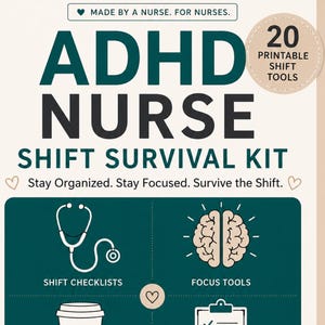 May include: A printable ADHD Nurse Shift Survival Kit document featuring 20 tools. The text reads ADHD NURSE SHIFT SURVIVAL KIT, Stay Organized. Stay Focused. Survive the Shift. Icons include a stethoscope, brain, coffee cup, and clipboard.