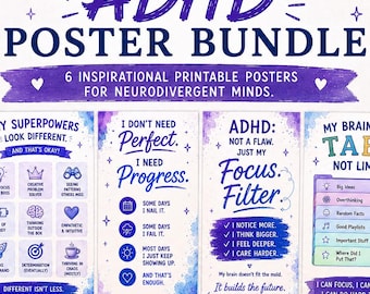ADHD-posterbundel | 6 inspirerende afdrukbare posters | Neurodivergente kunst aan de muur | ADHD-affirmaties | Digitale download