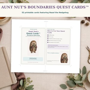 May include: A printable deck of Aunt Nut's Boundaries Quest Cards featuring Hazel the Hedgehog. The cards include instructions on how to use the deck, a list of steps, and the text 'No is a complete sentence.' The design uses a soft color palette.